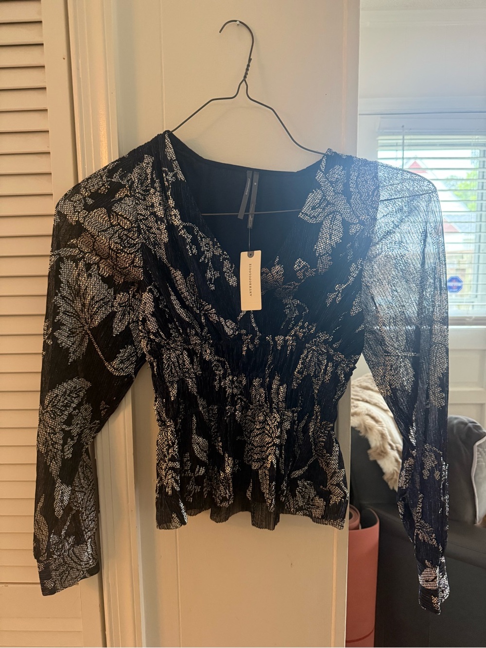 Navy Metallic Floral Smocked Waist Blouse -